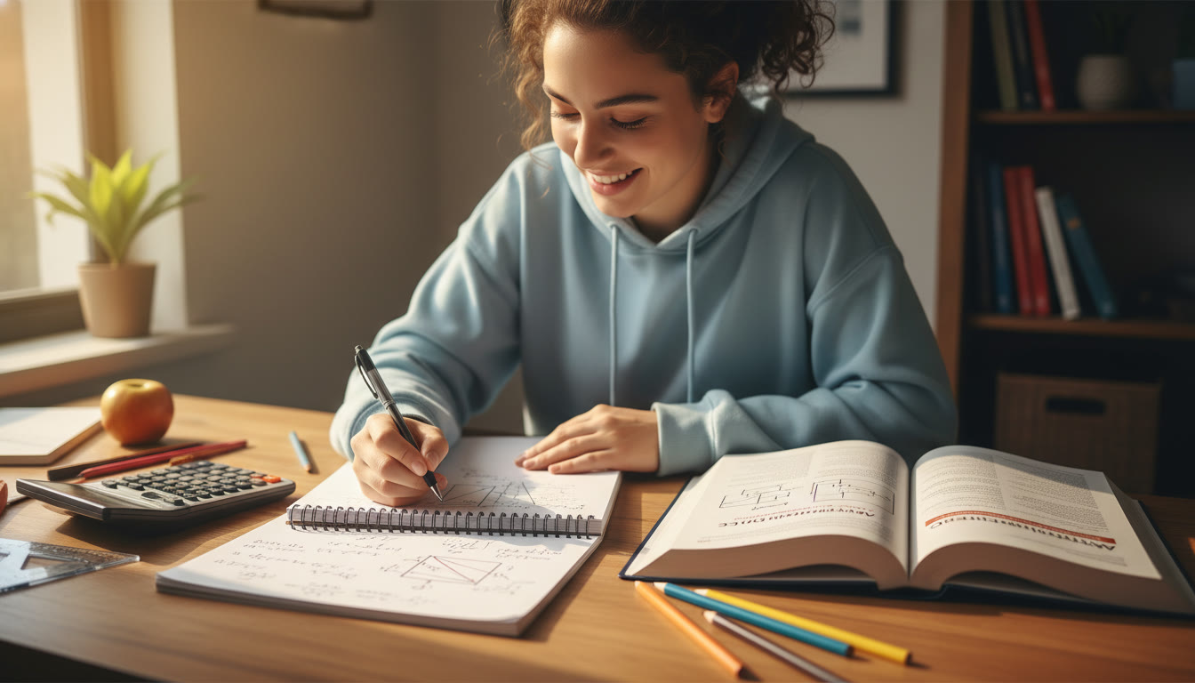 Photo Idea : A top-of-page photo showing a student at a desk solving a physics problem, with open textbook, graphing calculator, and neat notes featuring E-field lines and capacitor diagrams; warm natural light to make it inviting.