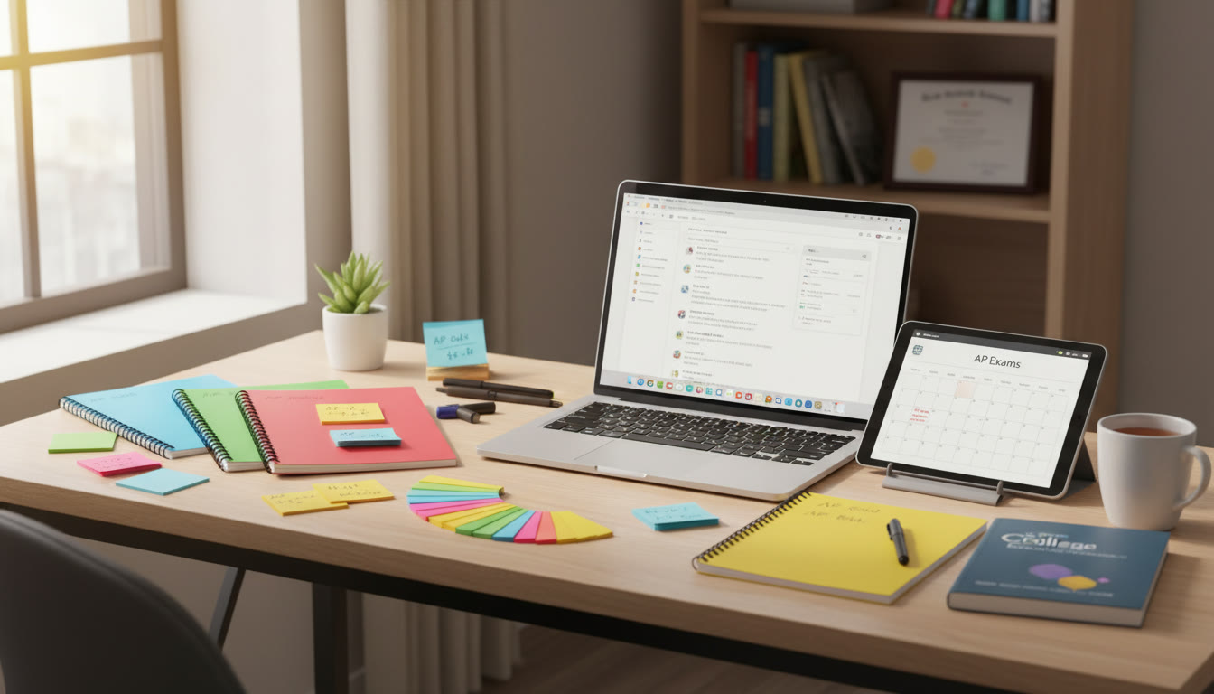 Photo Idea : A bright, organized study desk with color-coded notebooks, sticky notes, and a laptop showing a digital notes app — evokes calm and control in the top 30% of the article.