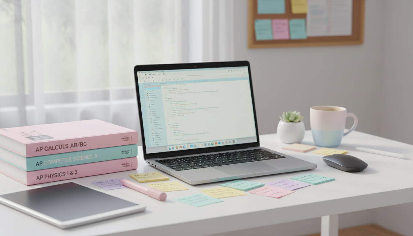 Photo Idea : A pastel-toned study desk scene with AP textbooks (Calculus, Computer Science, Physics), a laptop displaying code, and sticky notes—conveys focused, modern study for STEM applicants.