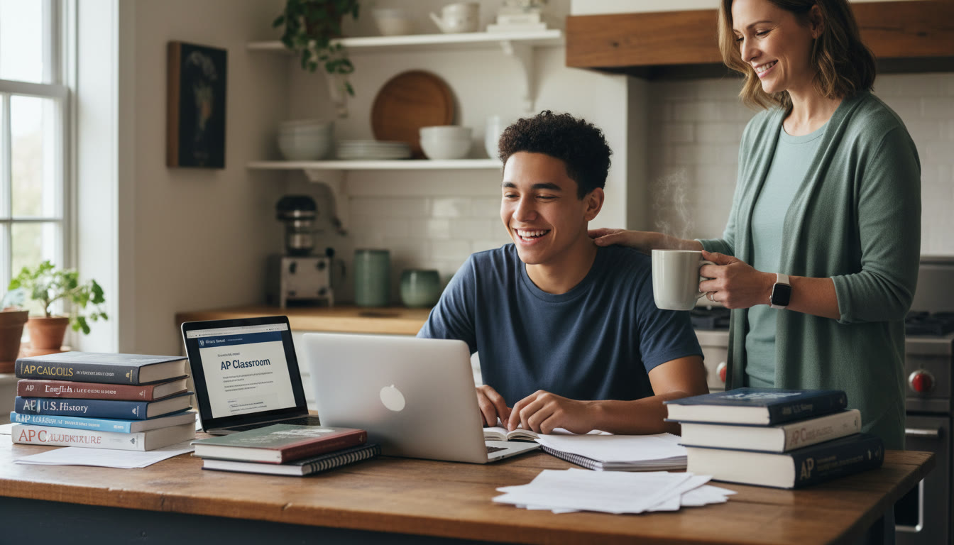 Photo Idea : A warm, candid photo of a high school student at a kitchen table surrounded by textbooks and a laptop, parent nearby offering a cup of coffee — conveys calm, supportive involvement in study.