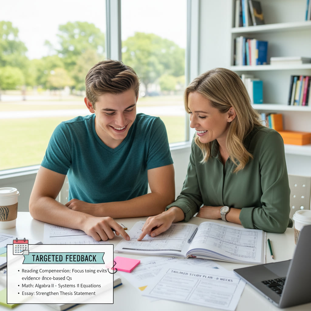 Close-up of a student and a tutor reviewing a practice test together, with notes showing targeted feedback and a tailored study plan