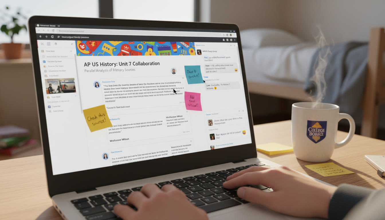 Photo Idea : A mid-article image of a browser screen showing a collaborative Slides deck on one half and a group chat or comment thread on the other half, demonstrating parallel work. Include sticky notes and a coffee mug to keep it real.