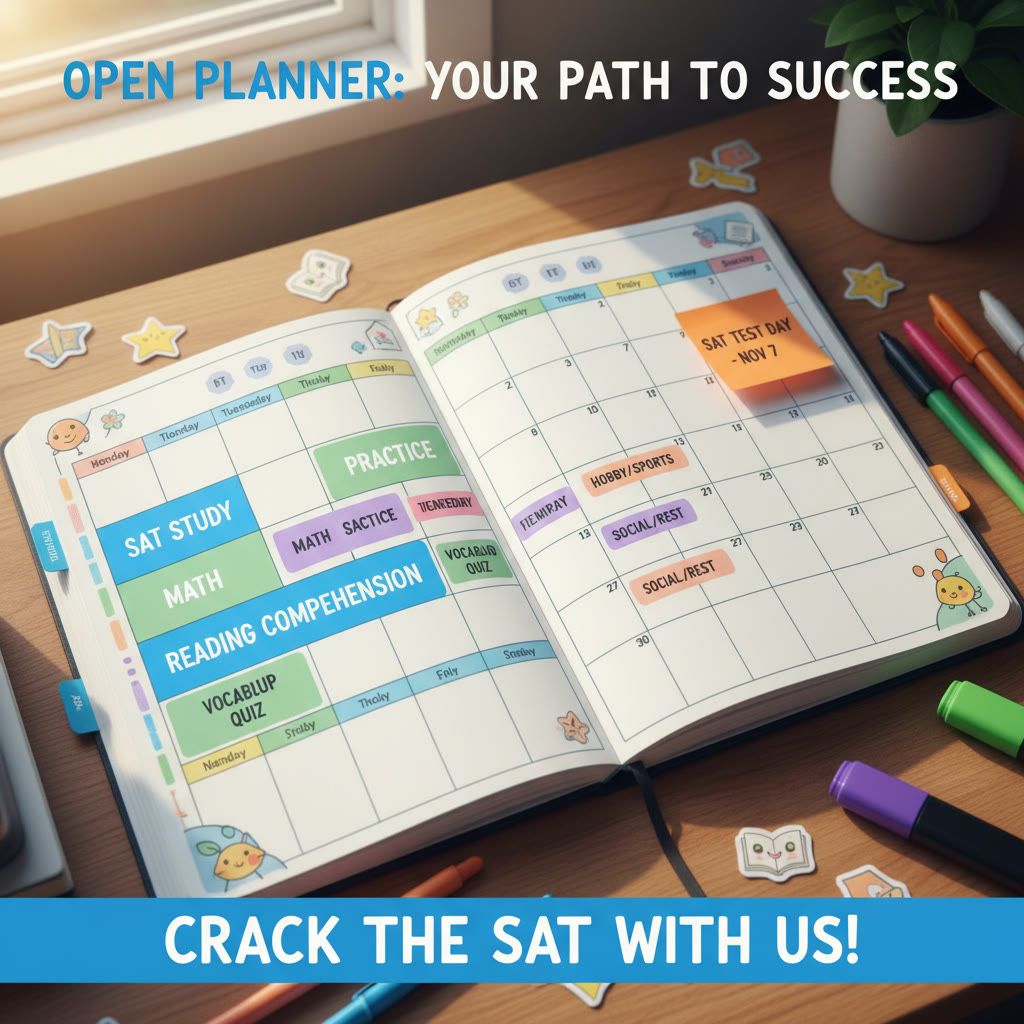 Open planner with colored blocks and sticky notes showing a balanced weekly plan, SAT prep blocks and school exams highlighted.