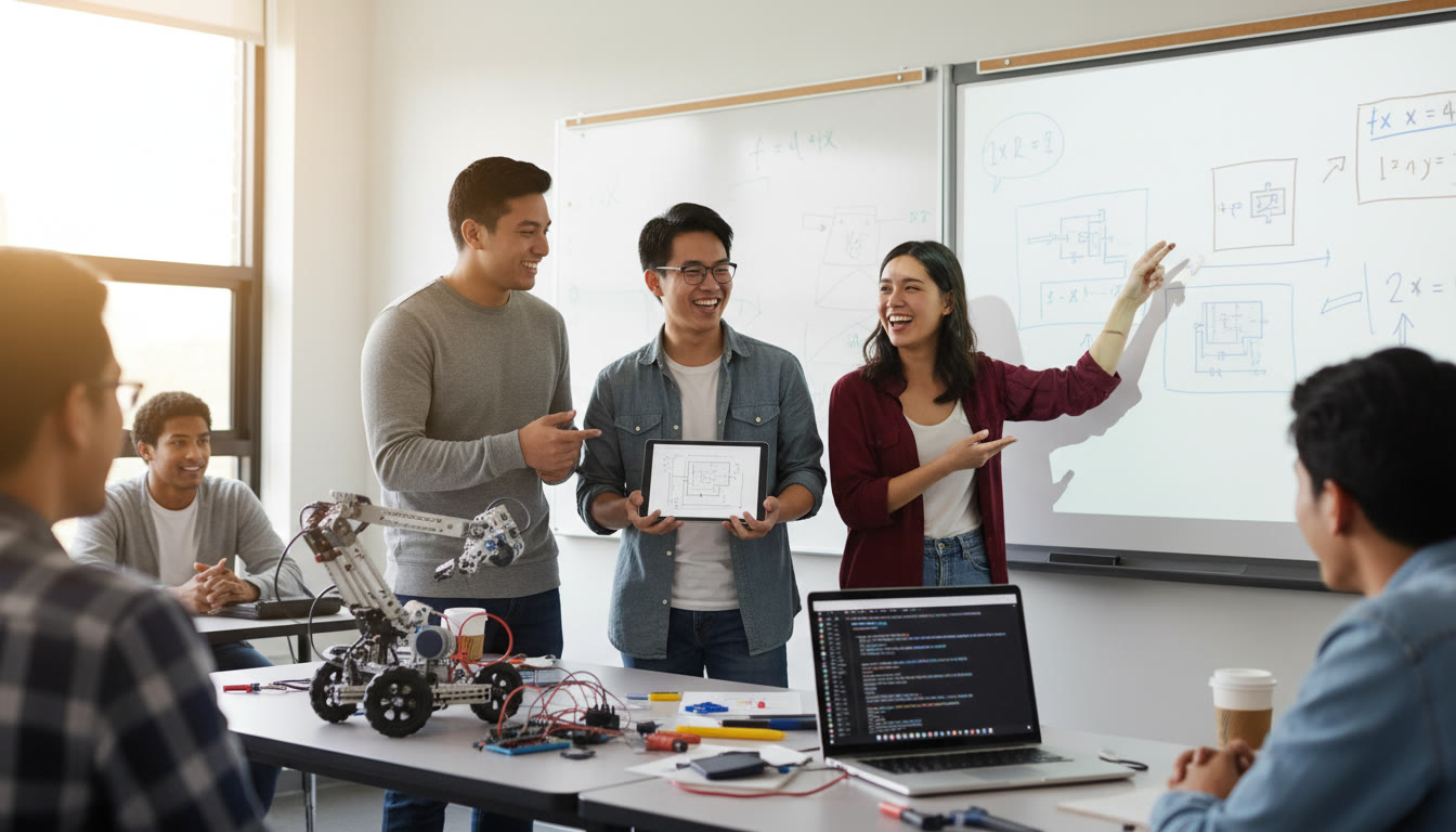 Photo Idea : Mid‑article image showing a small group of students presenting a robotics project in a high school classroom, whiteboard diagrams and a laptop open to code — communicates collaboration, applied learning, and momentum.