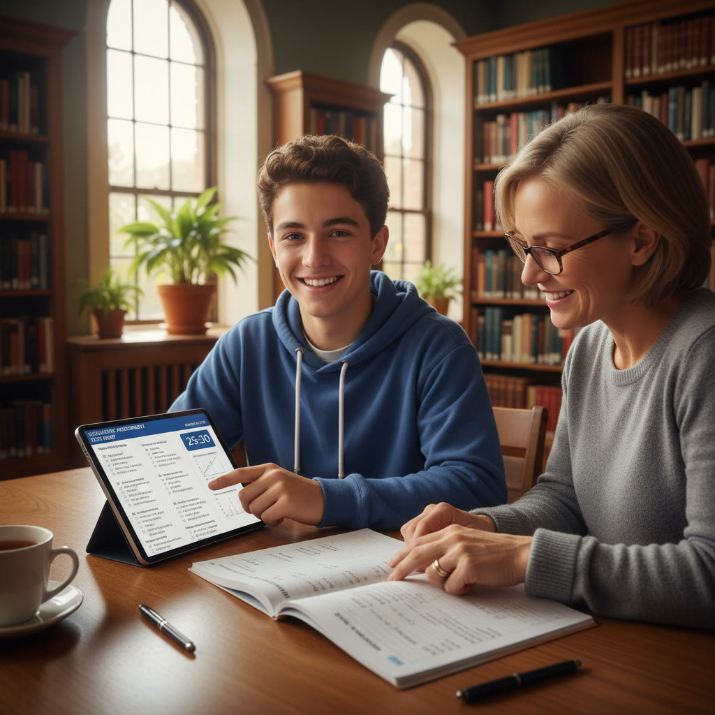 Photo Idea : A student taking a Digital SAT practice test on a tablet in a quiet library corner, with a timer on the screen and a parent nearby reviewing a printed study plan.