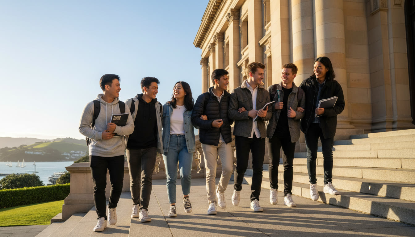 Photo Idea : A bright, candid shot of a diverse group of students walking across the steps of a beautiful university building in Wellington, smiling and carrying backpacks — conveys aspiration and international study.