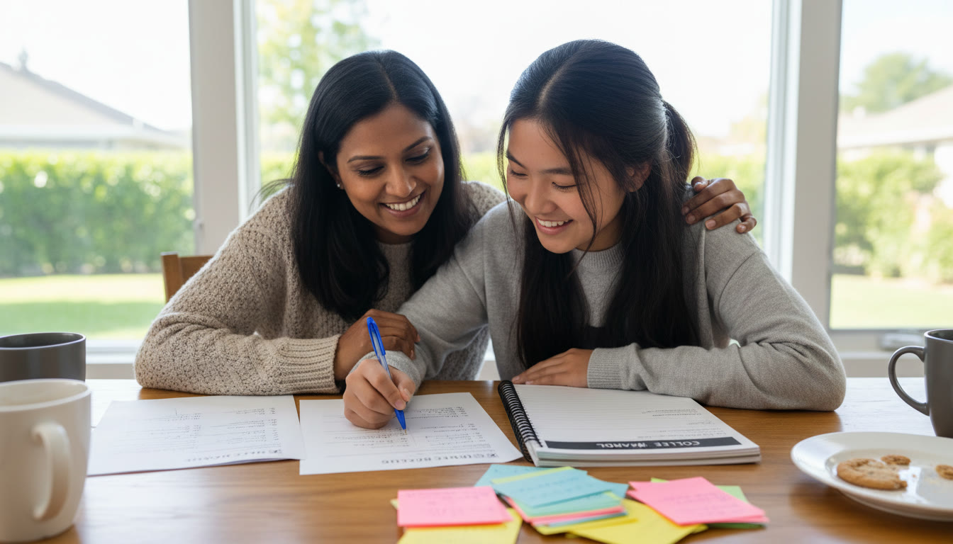 Photo Idea : A parent and student sitting at a kitchen table reviewing a printed practice test together, with a planner and a stack of index cards nearby — showing collaboration and offline review.