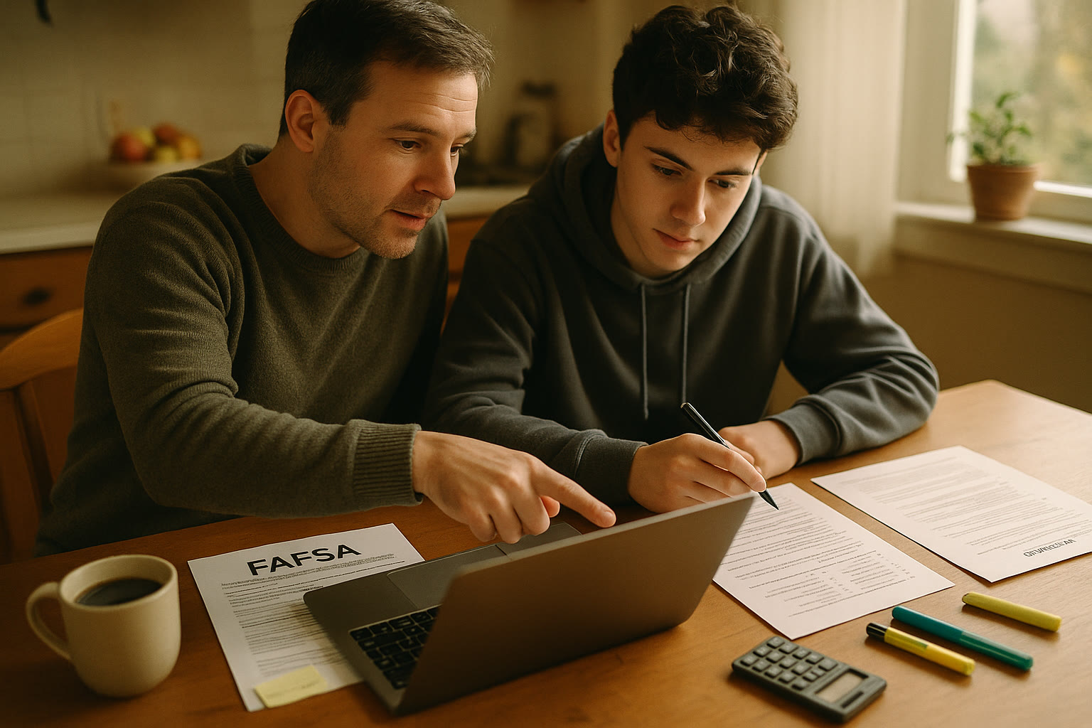 Photo Idea : A parent and high school student at a kitchen table with a laptop, FAFSA form printed out, and SAT practice questions spread beside a cup of coffee—natural, warm lighting.