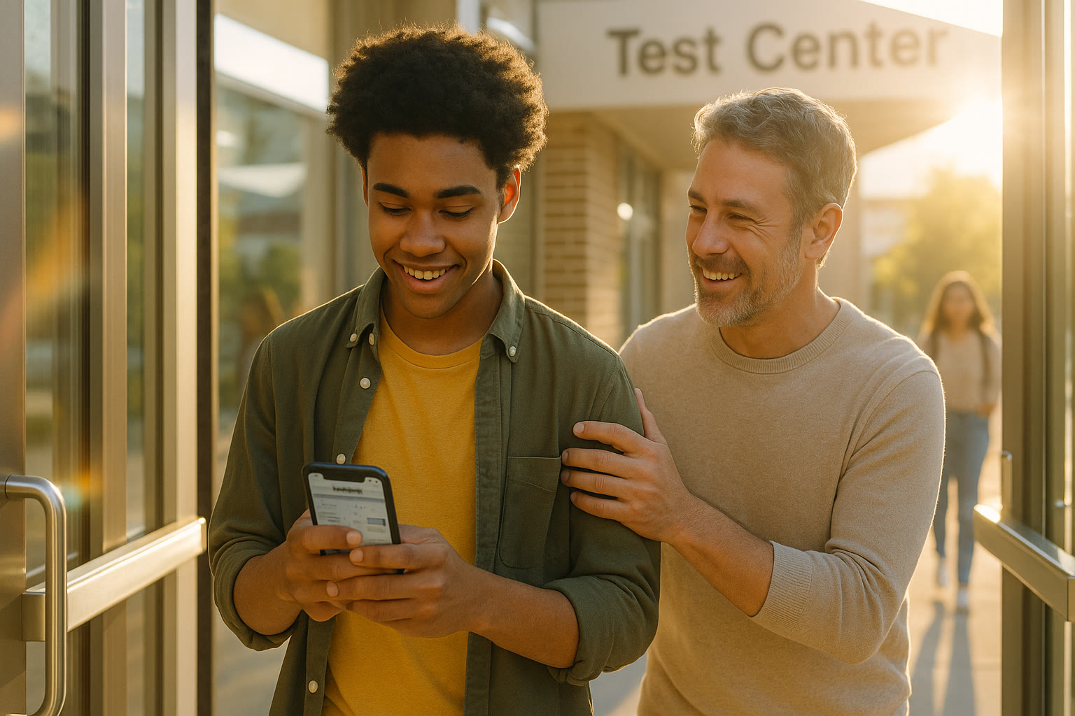 Photo Idea : A hopeful, bright photo of a student exiting a test center, phone in hand looking at a study schedule, with a parent nearby offering a supportive smile.