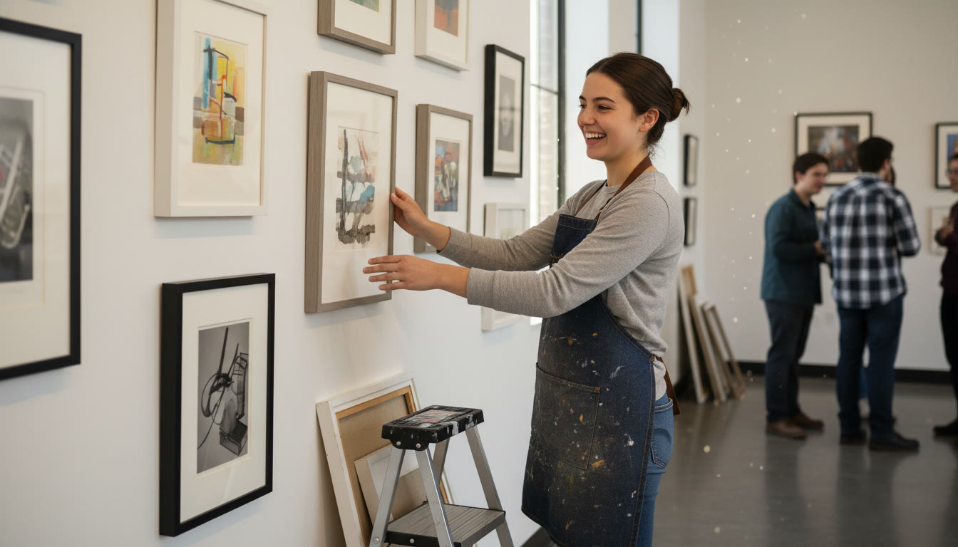 Photo Idea : A student arranging framed works on a gallery wall, hands visible, natural light—conveys the transition from studio to showcase.