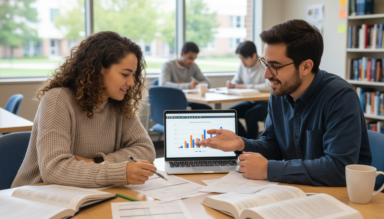 Photo Idea : A small group tutoring session with a student and tutor looking over sample surveys and a laptop displaying a histogram — conveys collaborative, personalized guidance and real-time feedback. Place within the second half of the article near study strategies.