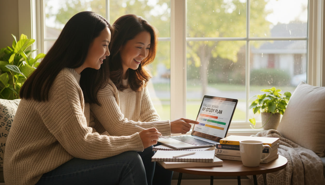 Photo Idea : A calm, sunlit study nook where a teen and a parent review a study plan together on a laptop   this image should convey partnership and planning in test prep and be placed near the top of the article.