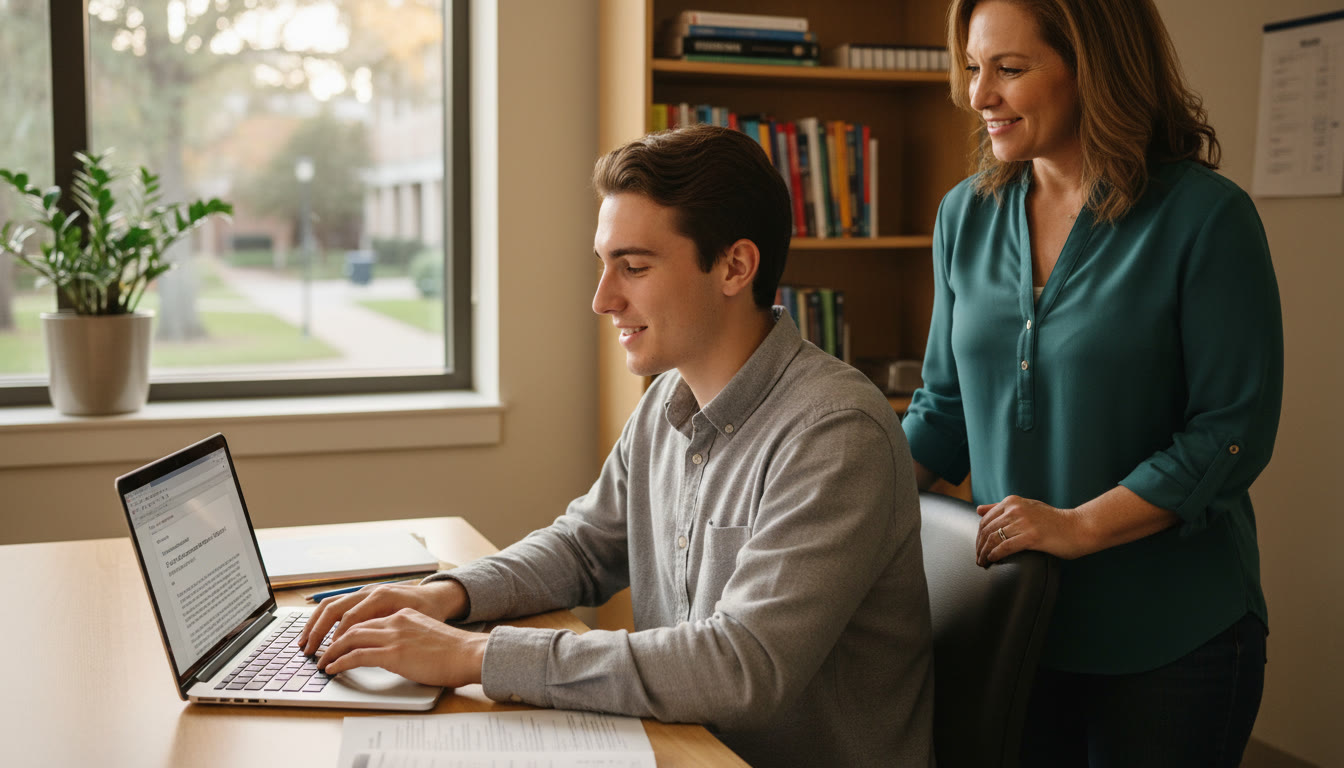 Photo Idea : A calm scene showing a student at a desk writing an email on a laptop while a parent stands nearby offering a gentle hand on the chair — emphasizes partnership and growing independence.