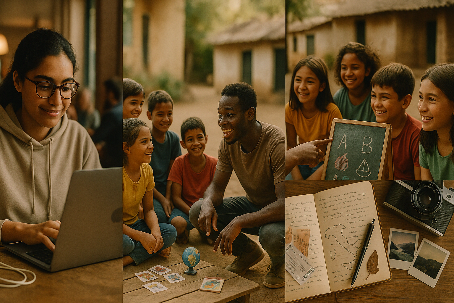 Photo Idea : Collage-style image showing a student coding on a laptop, another student teaching local kids, and a handwritten travel journal — represents a diverse, purposeful gap year.
