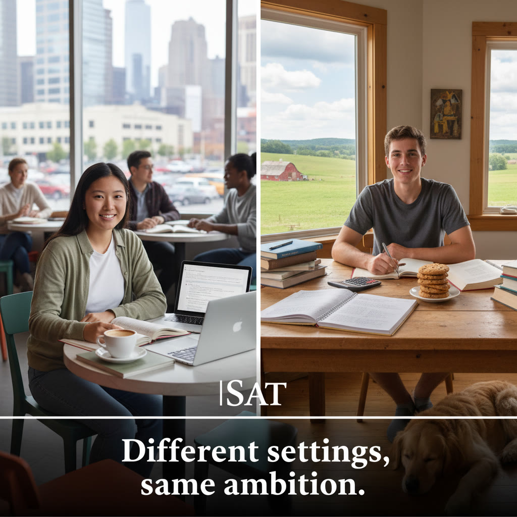 Photo idea: Side-by-side portraits of two students studying — one in a bustling coffee shop with a city skyline visible, one at a kitchen table in a rural home with farmland outside the window. Short caption: 'Different settings, same ambition.'