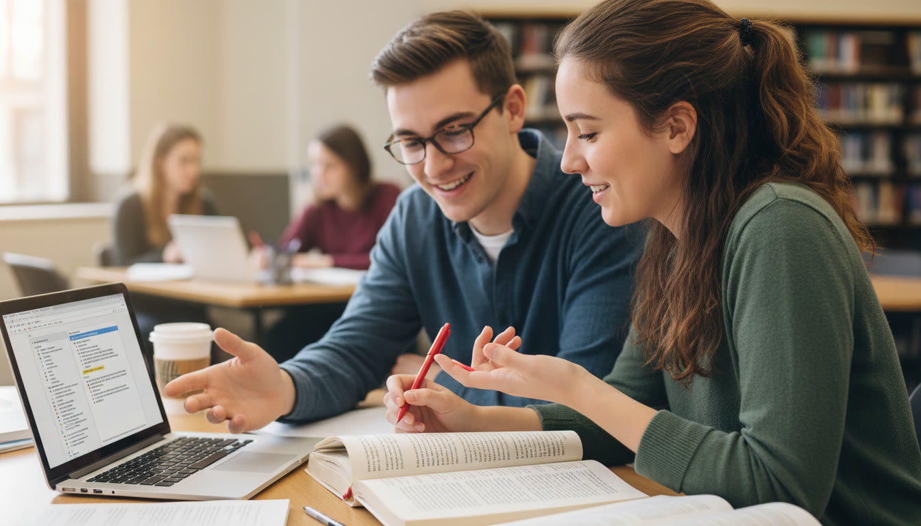 Photo Idea : Close-up of a tutor and student leaning over a poem, red pen marking a line, laptop open to a shared document—captures collaborative analysis and the energy of 1-on-1 guidance.