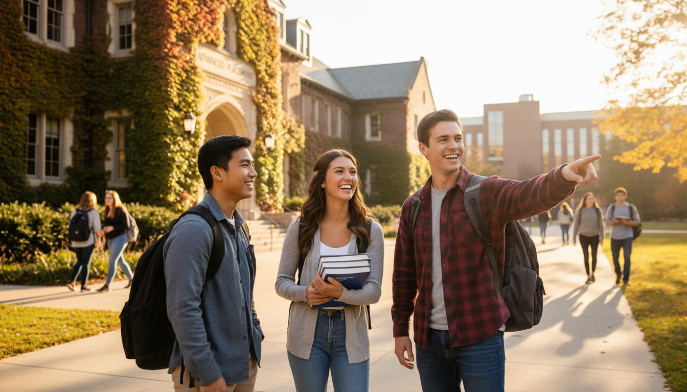 Photo Idea : A bright, encouraging campus scene with a small group of students talking outside a lecture hall, representing successful transition—useful near the end of the article to visualize outcomes and next steps.