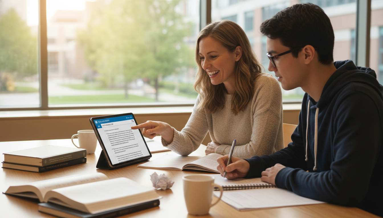 Photo Idea : A bright, hopeful image of a tutor working one-on-one with a student over a tablet showing a practice SAT passage; teacher points to the screen while the student takes notes   conveys collaborative, personalized coaching.