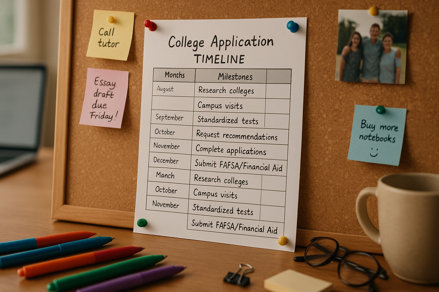 Photo Idea : A printable timeline pinned to a corkboard with sticky notes and colorful pens — the kind of visual checklist families use to track college application milestones.