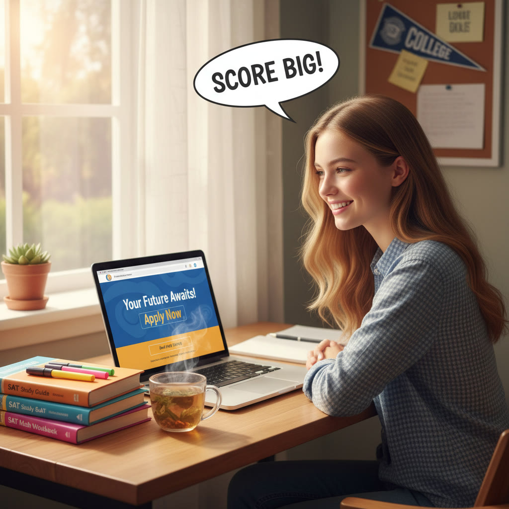 Photo Idea : A calm, focused student at a desk with a laptop open to a college admissions page and SAT prep books stacked nearby — warm lighting, encouraging atmosphere.