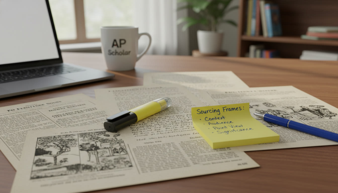 Photo Idea : A tidy study desk with a spread of primary source documents, a highlighter, and a student’s handwritten sourcing frames on a sticky note — suggests practical exam prep and the habit-building focus of the article.