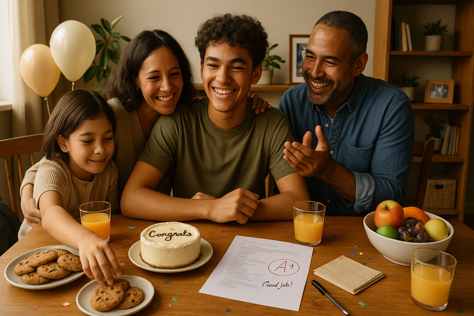 Photo Idea : A celebratory scene after test day—family around a table with snacks, showing relaxed, supportive energy.