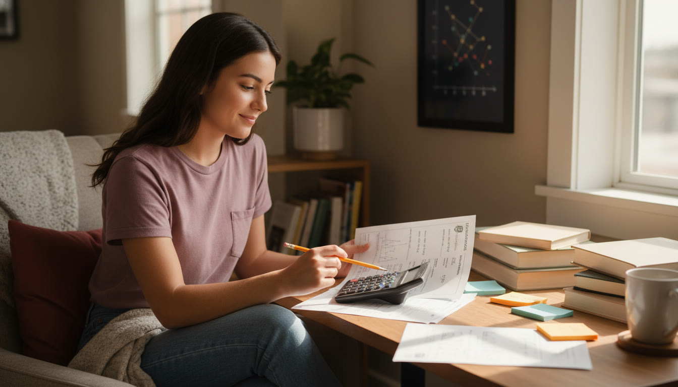Photo Idea : A student in a cozy study nook, working through a statistics worksheet with a calculator and colorful notes. The scene conveys calm focus and exam preparation.
