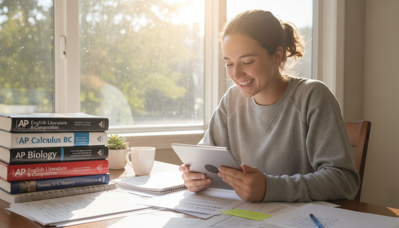 Photo Idea : A bright, candid shot of a high school student sitting at a desk near a window, surrounded by AP textbooks and notes, smiling as they review an application draft — evokes preparation and calm confidence.