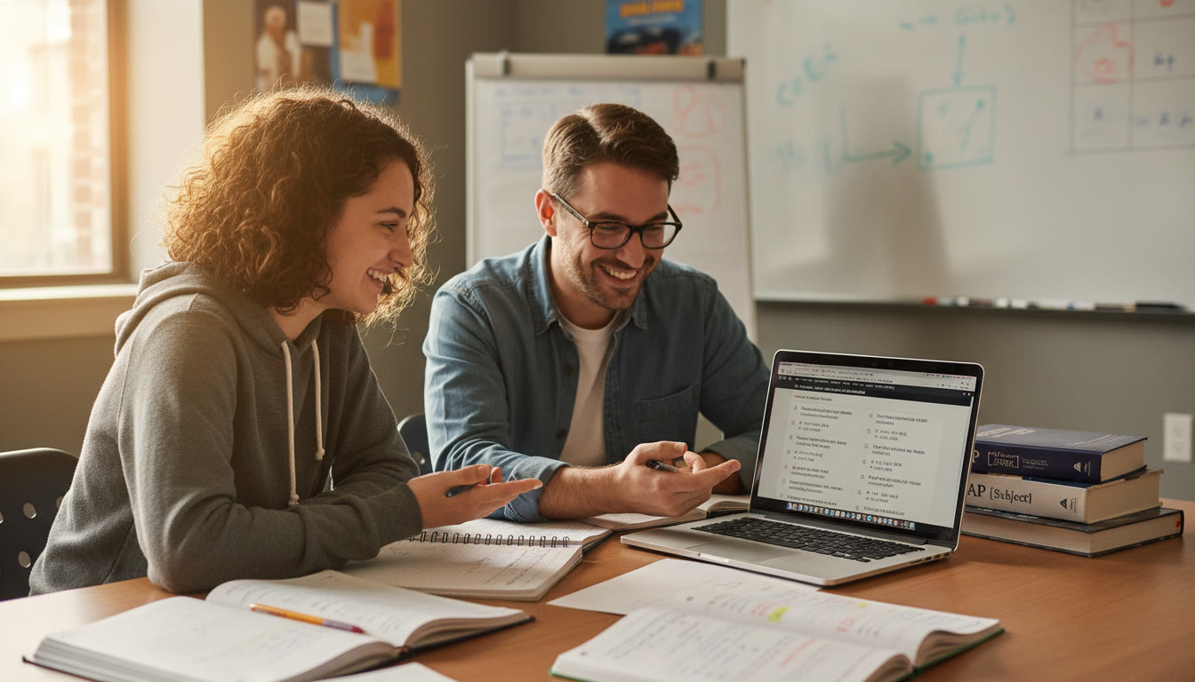 Photo Idea : A warm image of a student and a tutor in a friendly one-on-one session, notebooks open, a laptop with practice questions on screen — suggests focused, personal guidance and collaboration.