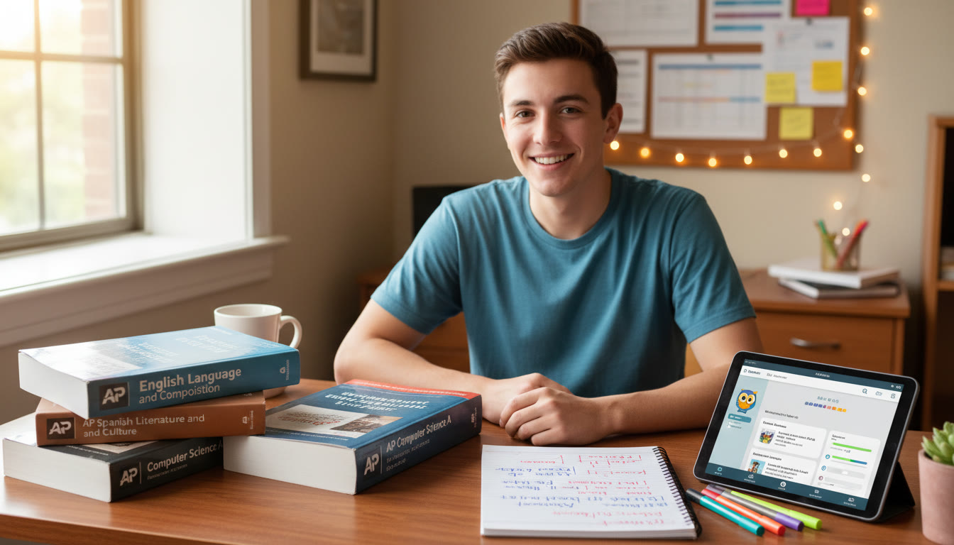 Photo Idea : A bright study scene of a student at a desk with AP textbooks open, a notebook of grammar notes beside a tablet displaying a language app—showing the blend of AP and certification prep.
