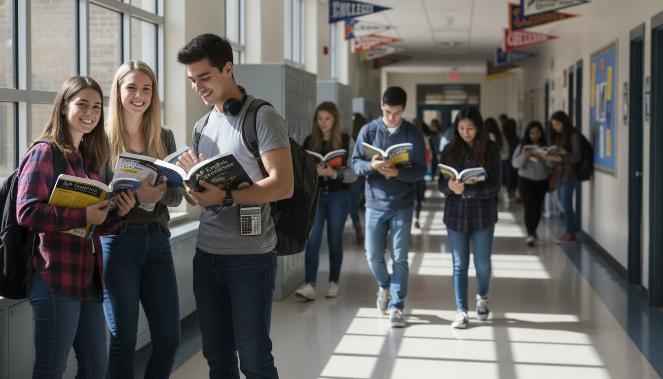 Photo Idea : A bustling high school hallway with students holding AP textbooks and calculators, some chatting, some studying on their phones — the visual tension between casual confidence and quiet work