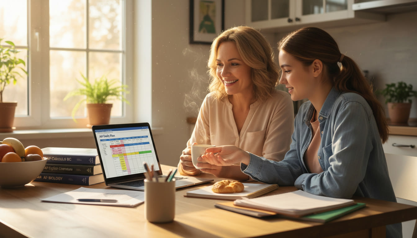 Photo Idea : A relaxed scene of a parent and teen sitting together at a kitchen table with AP textbooks, a laptop showing a study plan, and a cup of tea—warm morning light to suggest calm planning.