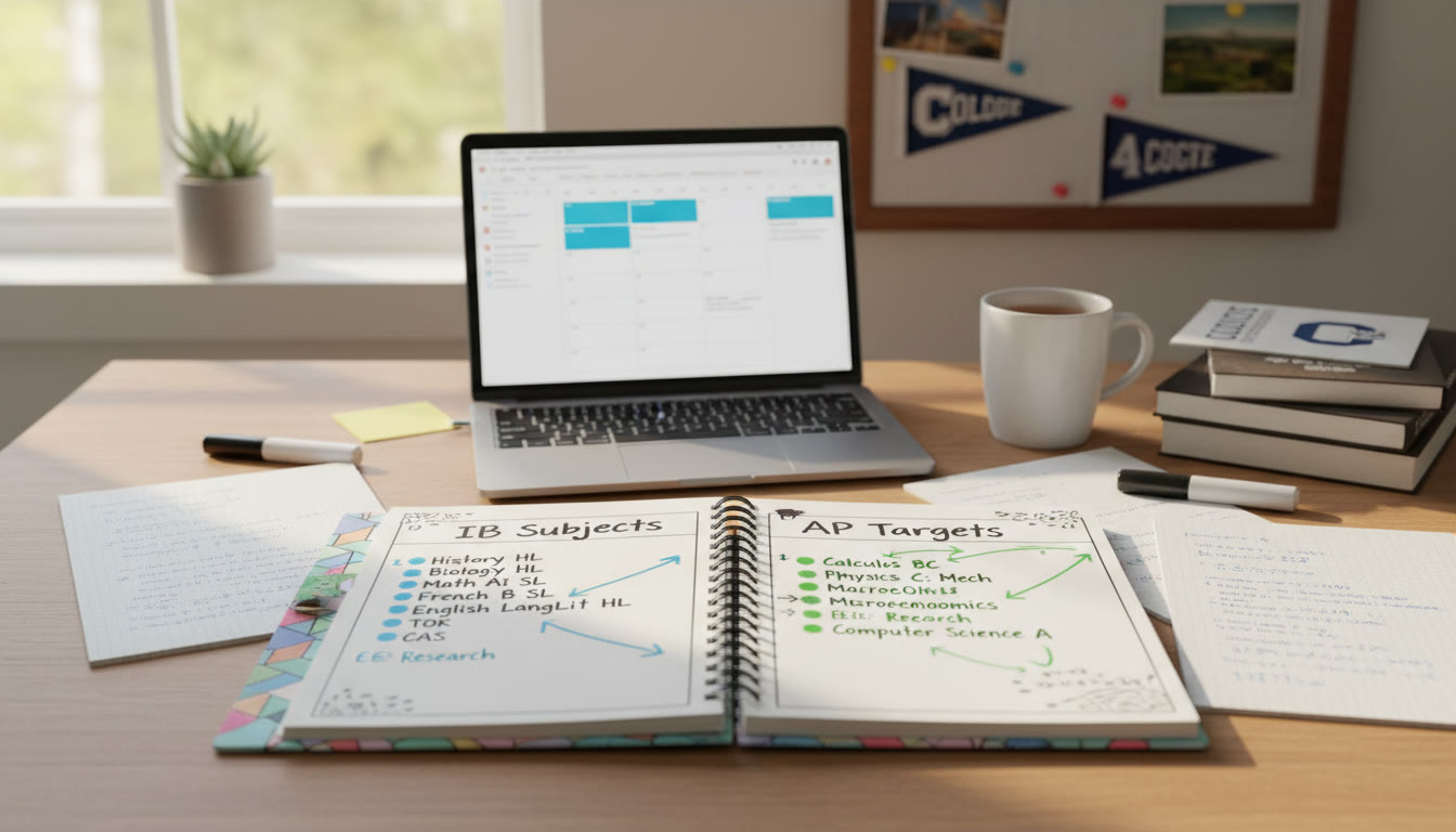 Photo Idea : A study desk with an open planner showing a layered schedule (IB subjects on one side, AP targets on the other) alongside a laptop and notes — suggests active planning and personalized study.