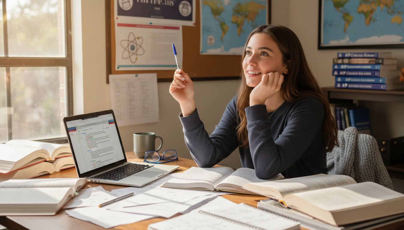 Photo Idea : A student at a desk surrounded by notebooks and a laptop, pausing thoughtfully while editing an essay — conveys reflection and revision, top of the article.
