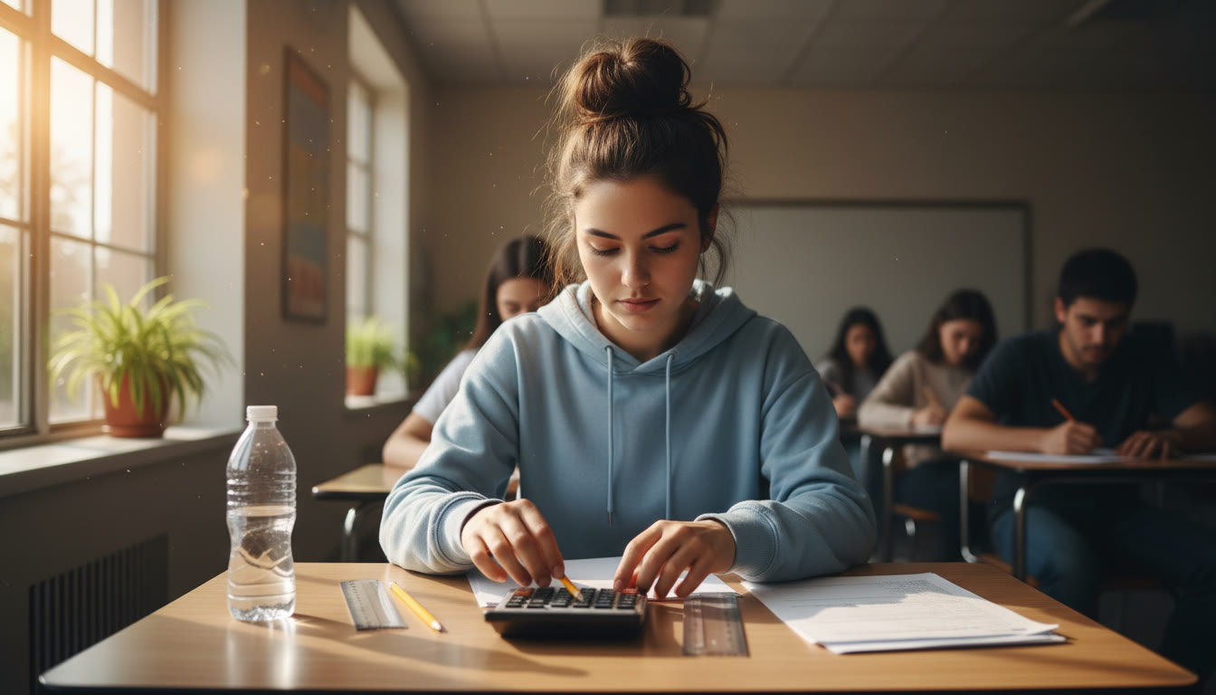 Photo Idea : A student calmly arranging allowed items on a desk—approved calculator, two pencils, a ruler—sunlight filtering in, conveying organized focus.