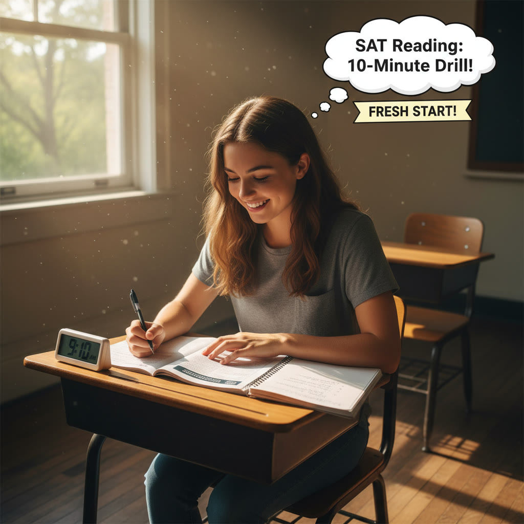 Student at a school desk doing a 10-minute SAT reading passage with a notebook and pen; bright morning light suggests a fresh-start routine.