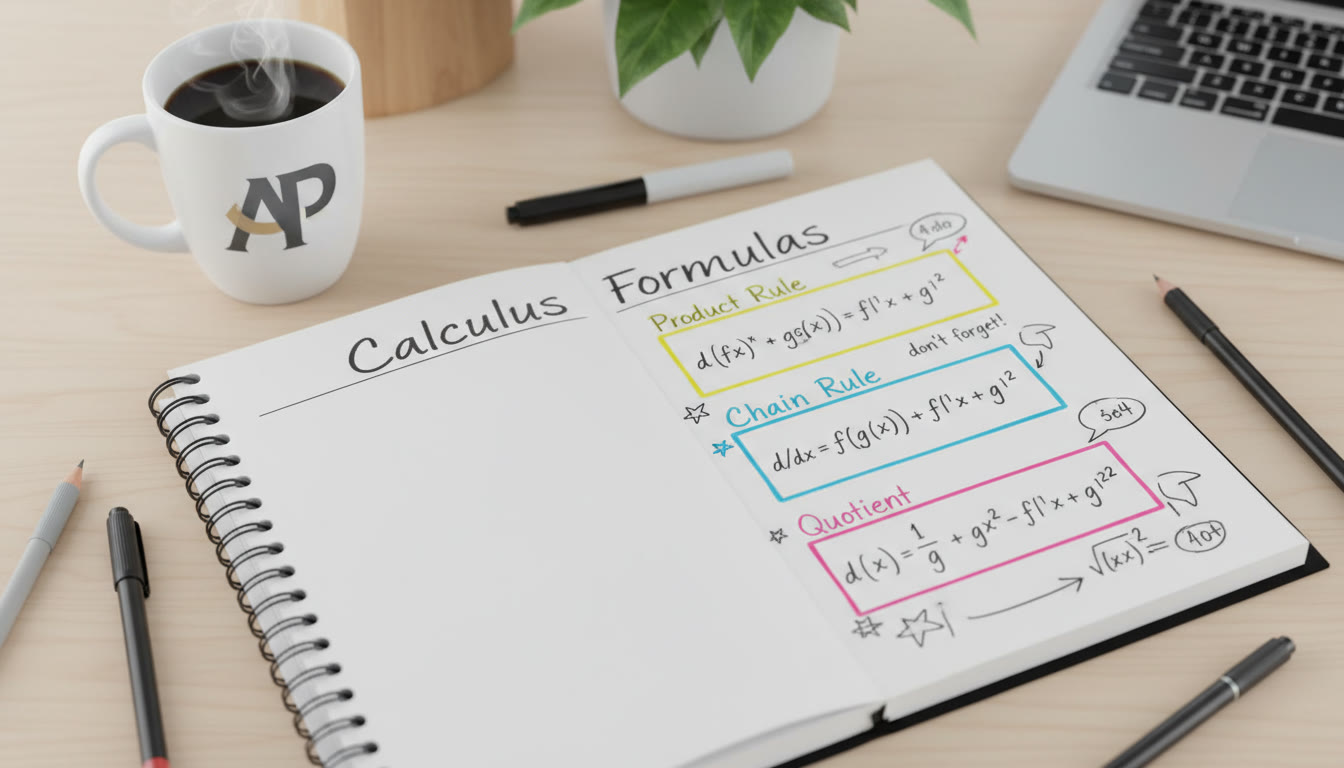 Photo Idea : A top-down photo of a student’s clean notebook with colorful annotations: a highlighted Product Rule, Chain Rule, and Quotient Rule, with a coffee cup nearby. This should appear within the early section to set a productive tone.