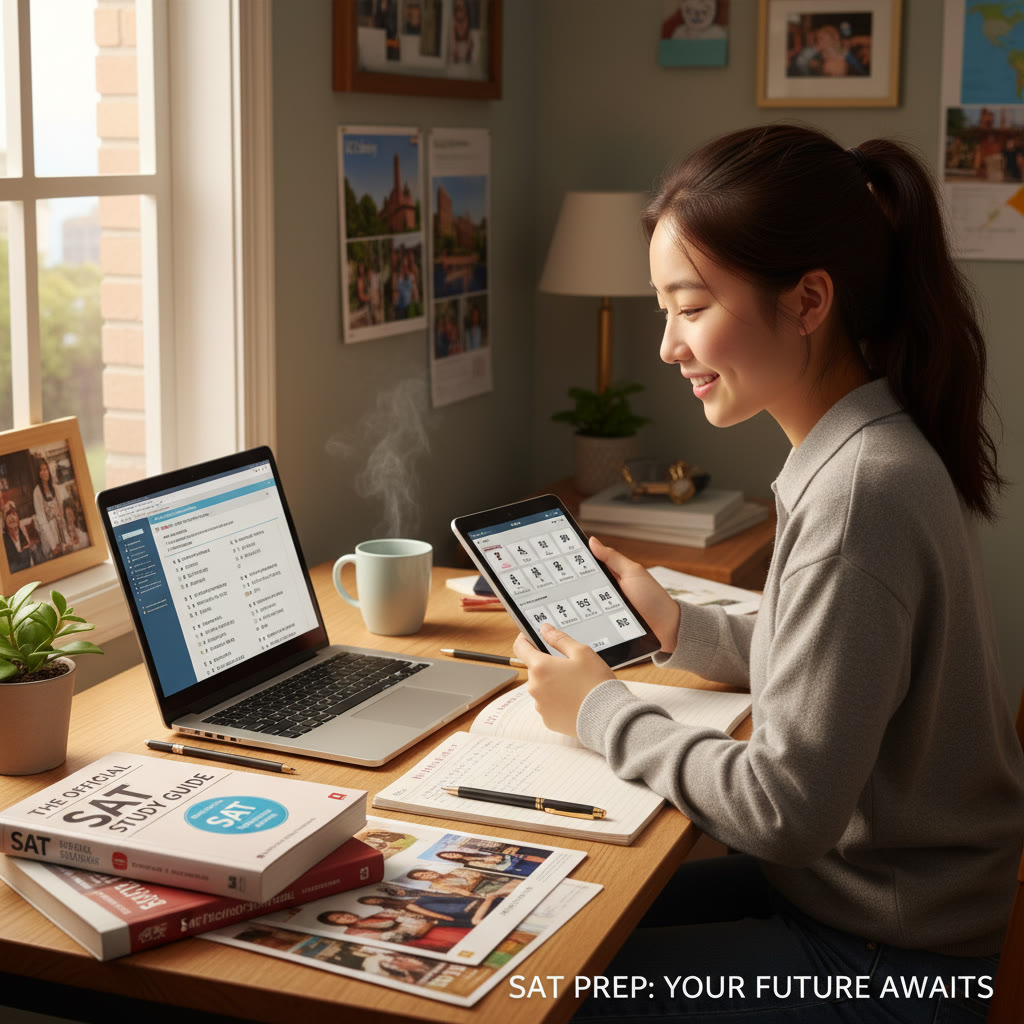 Photo Idea : A focused student at a desk using a laptop and tablet, with Japanese study materials and college brochures visible — warm natural light, candid, showing concentration and planning.