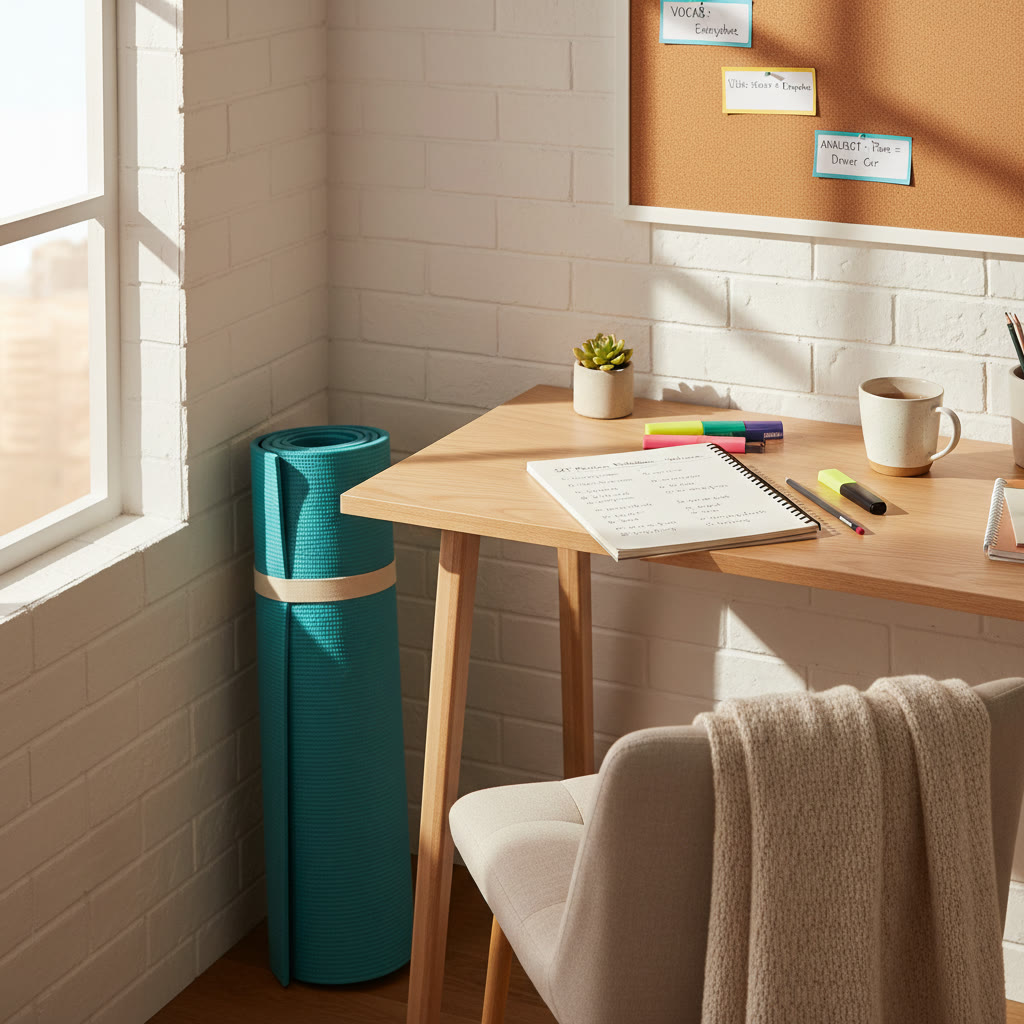 Photo idea: A calm study nook with a yoga mat rolled out beside a desk, morning sun, a notebook open with SAT practice problems—showing the balance of study and short yoga breaks.