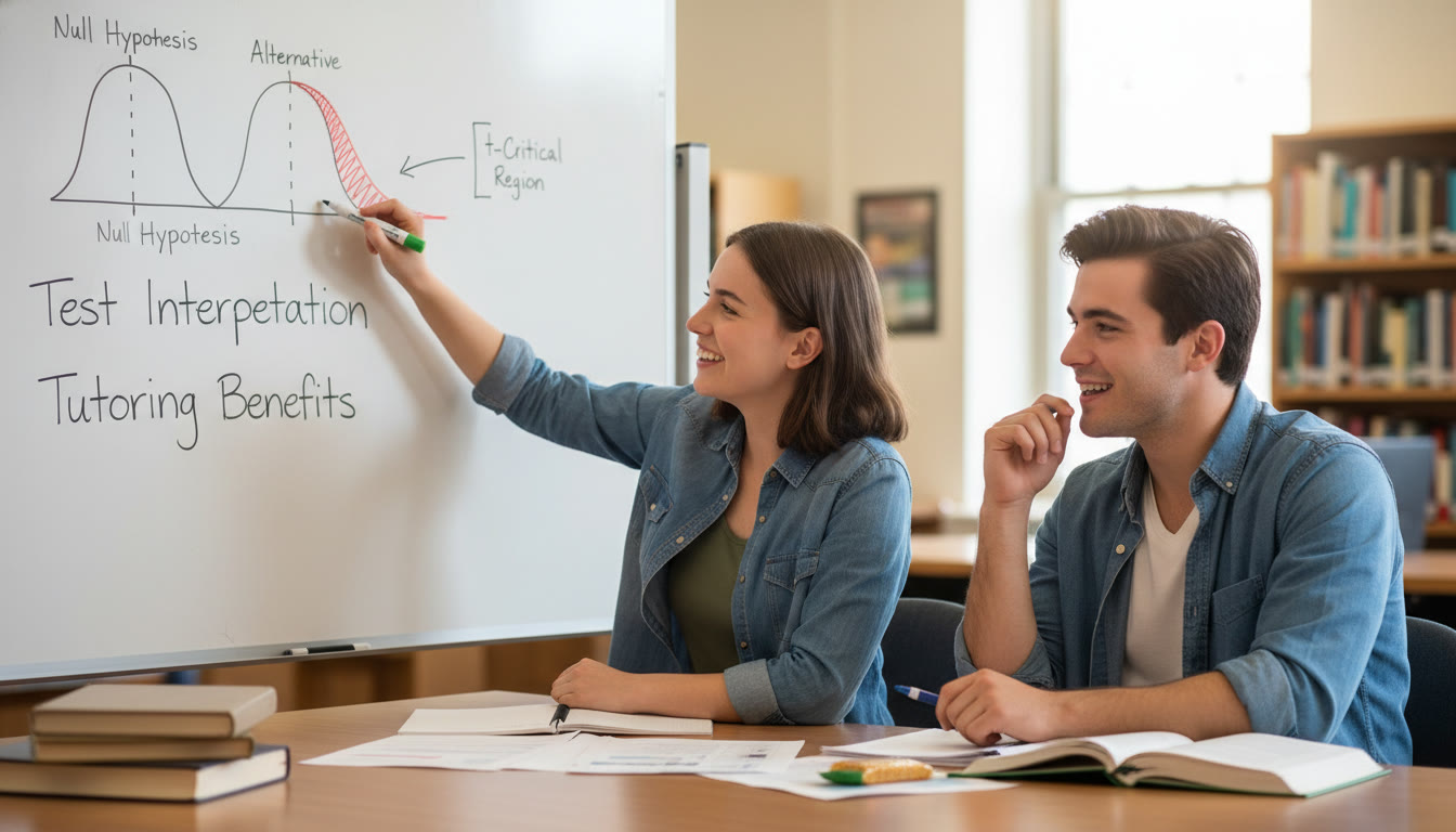 Photo Idea : A tutor and student at a whiteboard, the tutor pointing at a diagram showing two distributions and a highlighted area for the t-critical region — this supports the section on test interpretation and tutoring benefits.
