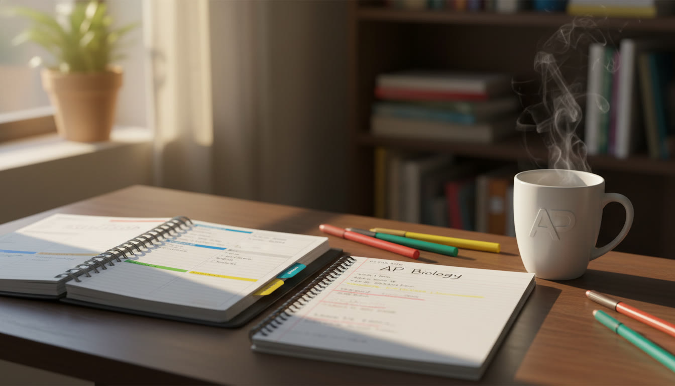 Photo Idea : A close-up of an AP prep desk: an open notebook, a color-coded planner, and a steaming mug. Natural morning light, shallow depth of field—conveys a calm, approachable study moment.