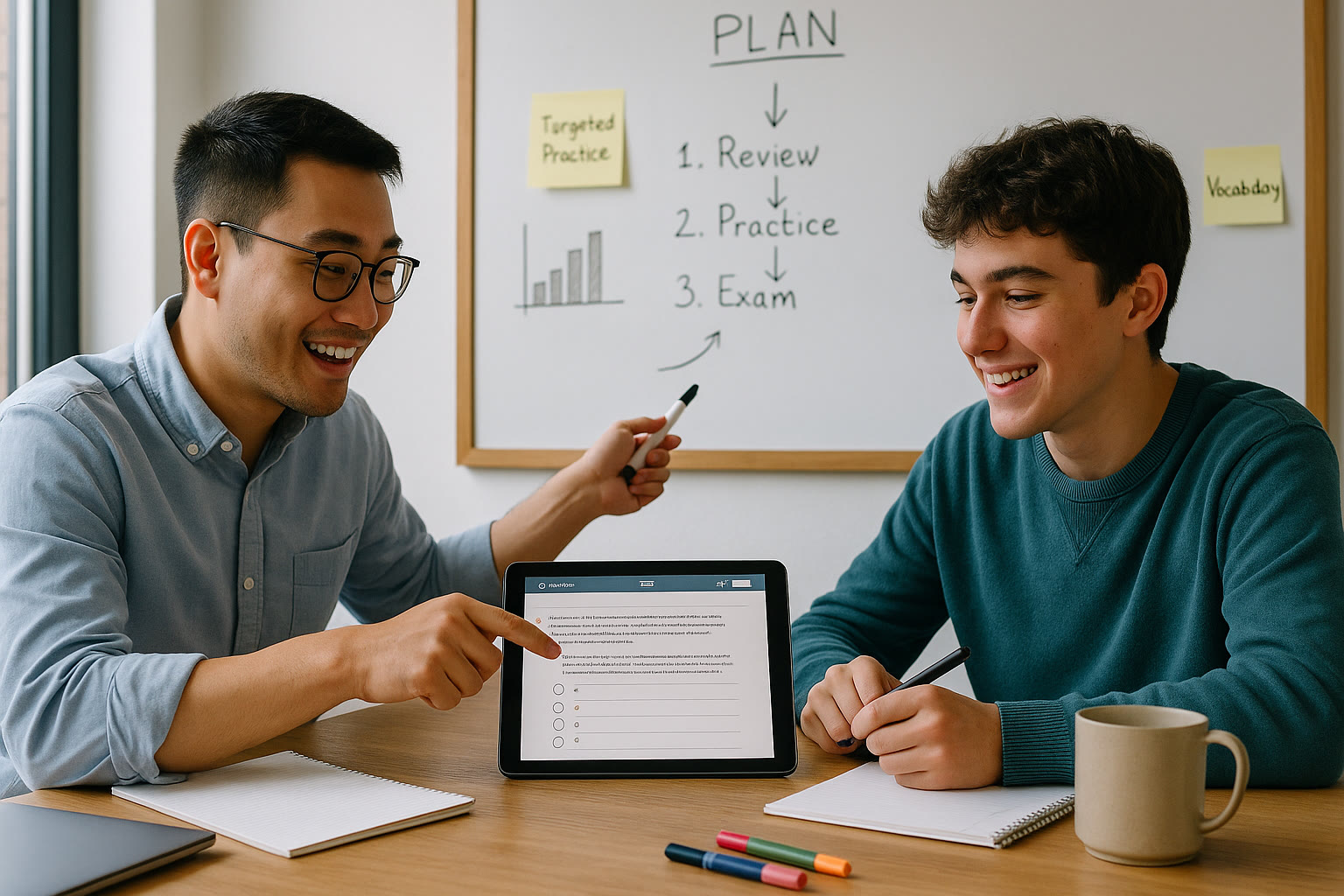 Photo Idea : A teen and a tutor reviewing a digital SAT practice test on a tablet, smiling as they plot targeted next steps on a whiteboard.