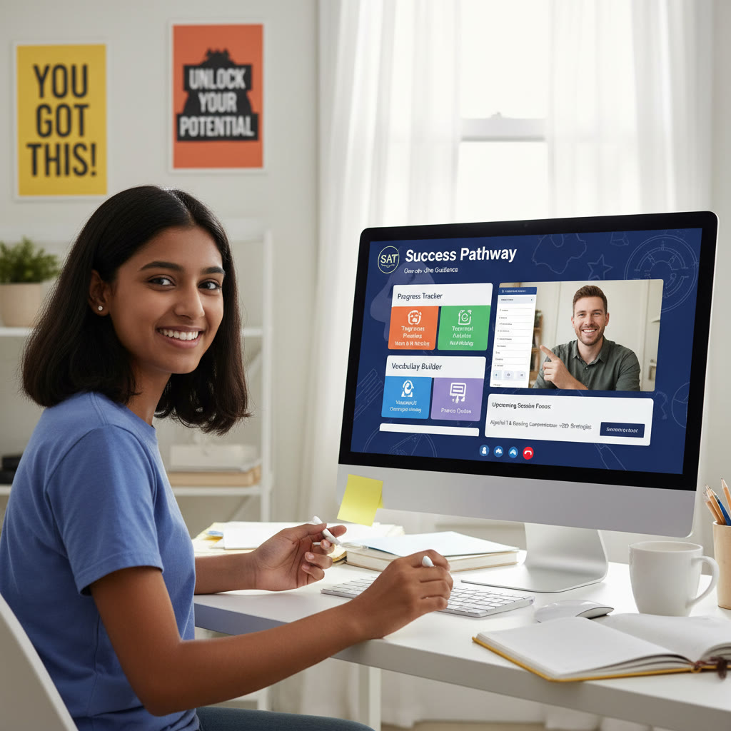 A student meeting with a tutor online, with a personalized study dashboard on screen, illustrating one-on-one guidance and targeted practice.