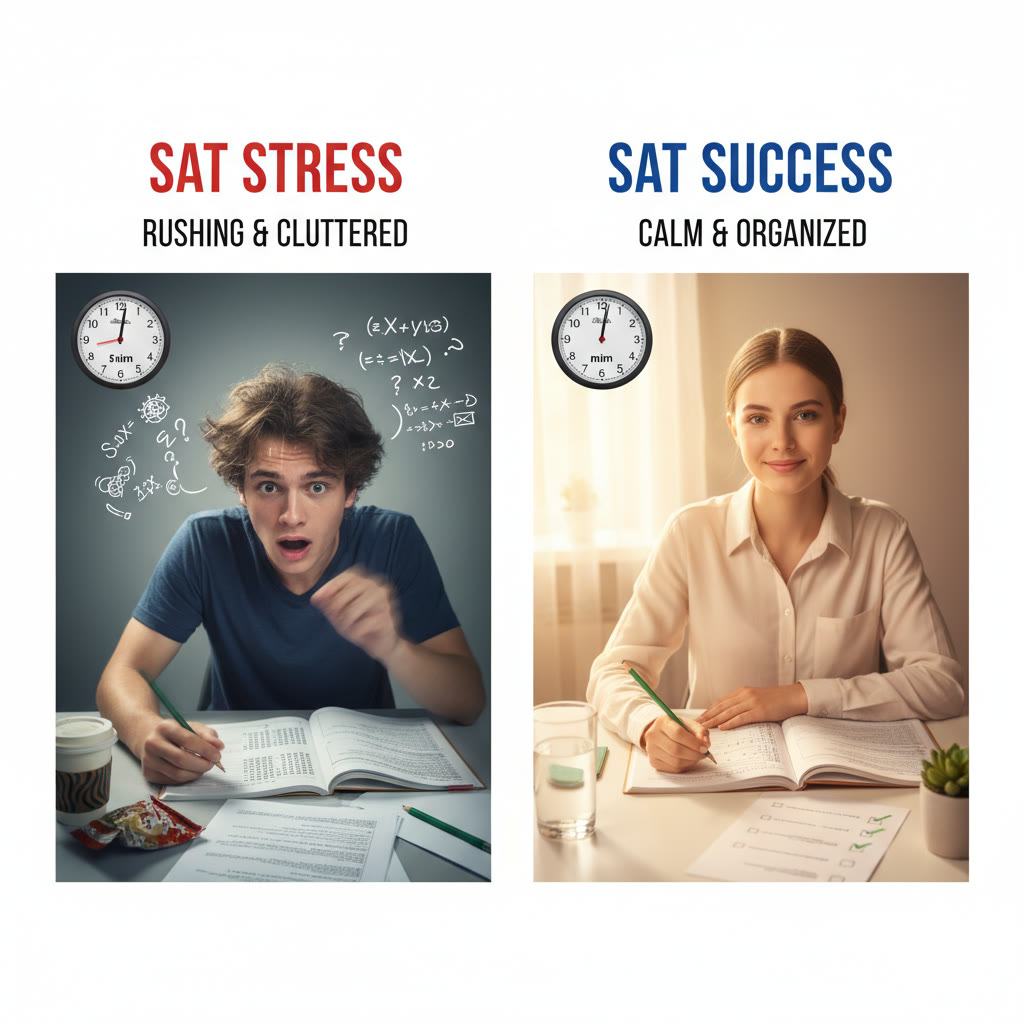 Two-panel idea: left panel shows a cluttered, stressed student rushing through a test; right panel shows a composed student using a checklist and annotating carefully, with subtle glow to indicate success.