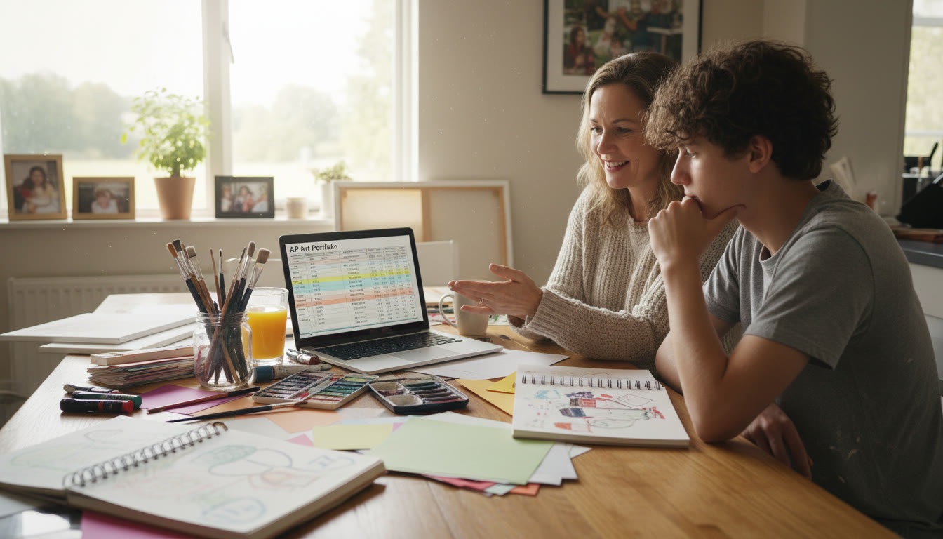Photo Idea : A warm, candid image of a parent and teen at a kitchen table covered with art supplies — sketchbooks, paints, and swatches — discussing a budget spreadsheet on a laptop.