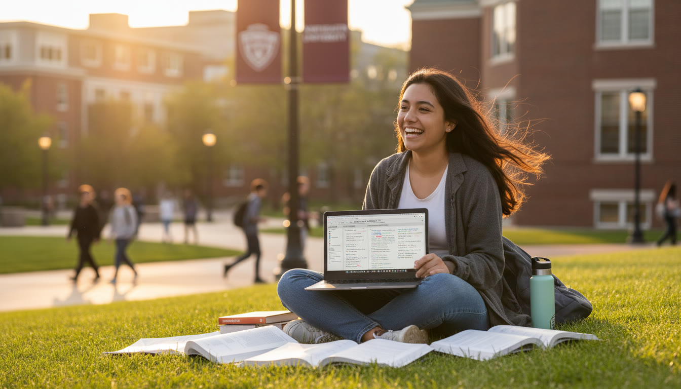 Photo Idea : A dynamic image of a high school student reviewing AP notes on a laptop with a Northeastern campus banner visible in the background — suggests ambition and planning.