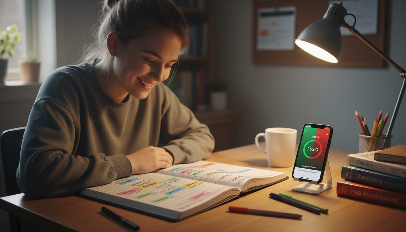 Photo Idea : A student mid-week with a planner open showing color-coded Timeboxes and a Pomodoro app on their phone screen—warm lighting, focused atmosphere, showing organization and calm.