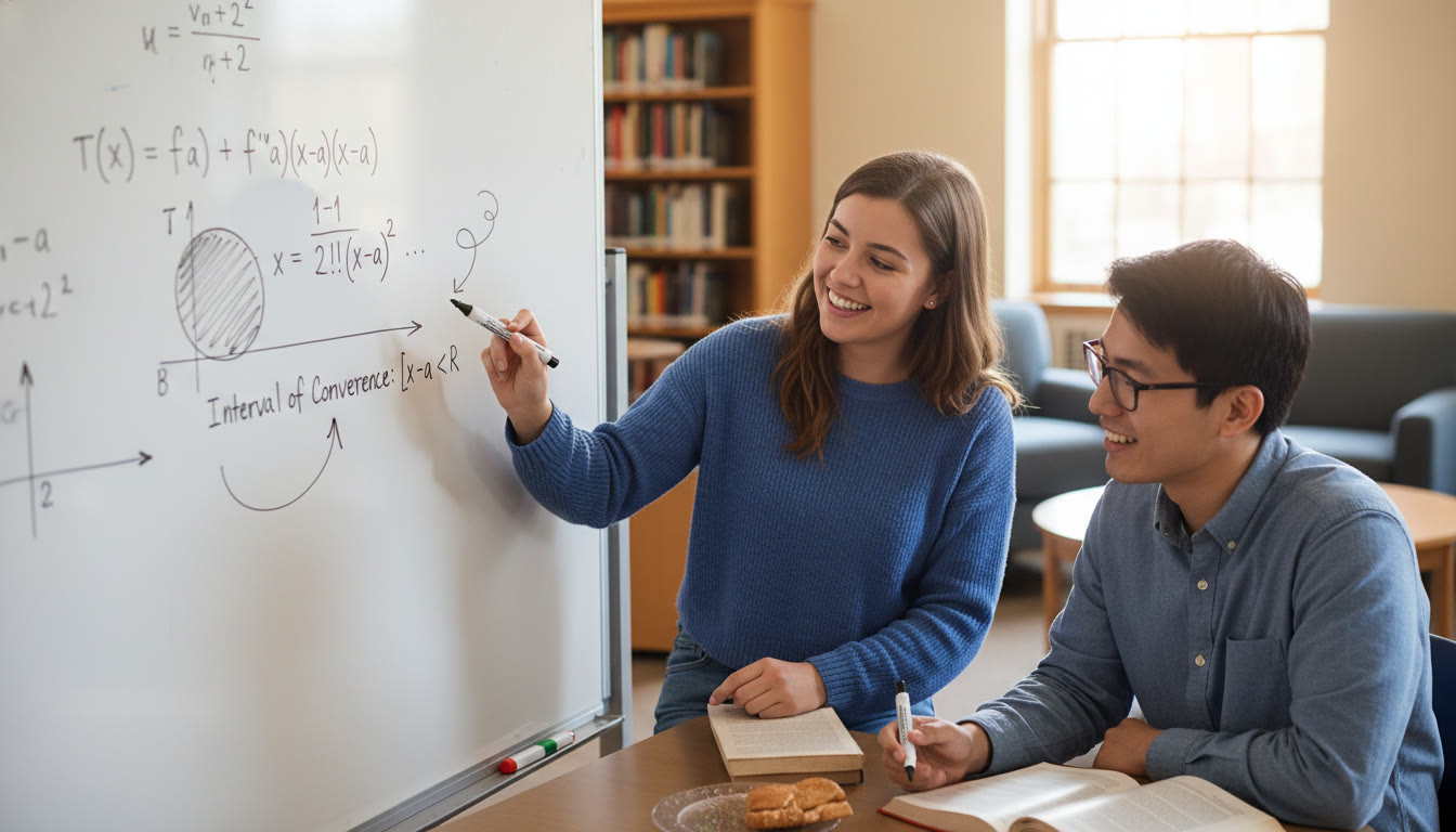 Photo Idea : A close-up of a tutor and student at a whiteboard, sketching a Taylor polynomial and convergence region—illustrating personalized tutoring in action. Place this near the tutoring paragraph for visual reinforcement.