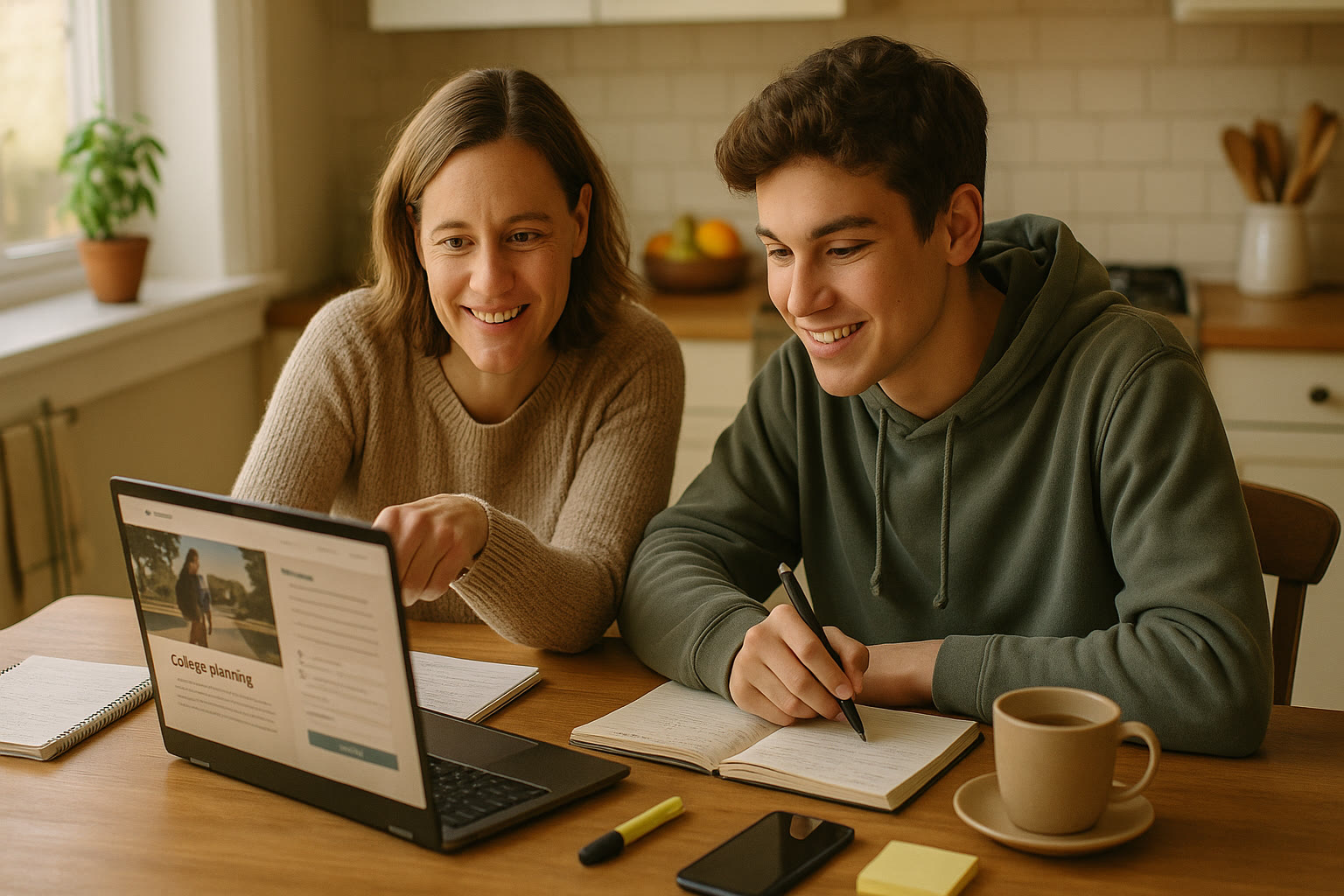Photo Idea : A relaxed parent and teen at a kitchen table with a laptop open to a college planning website, notebooks, and a cup of tea — warm, collaborative, daylight setting.