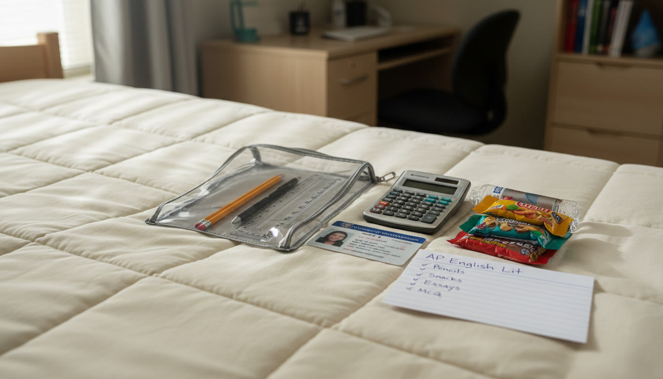Photo Idea : A calm testing bag laid out on a bed: pencils, approved calculator, ID, snacks, and a small index card with a short rubric checklist — arranged neatly to illustrate preparedness and calm before exam day.